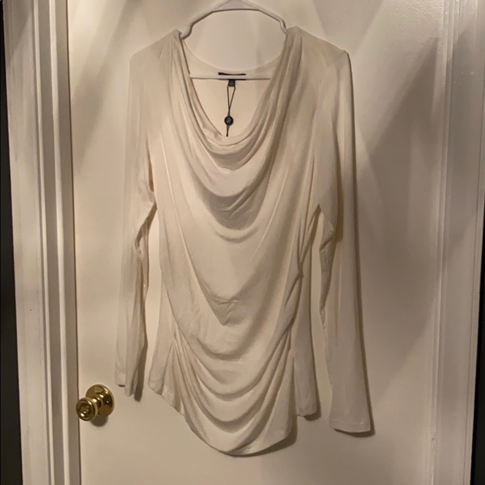 White front draped long sleeve top